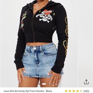 Ed Hardy Black Cropped Hoodie with Skull Design & PANTS, comes as a set
